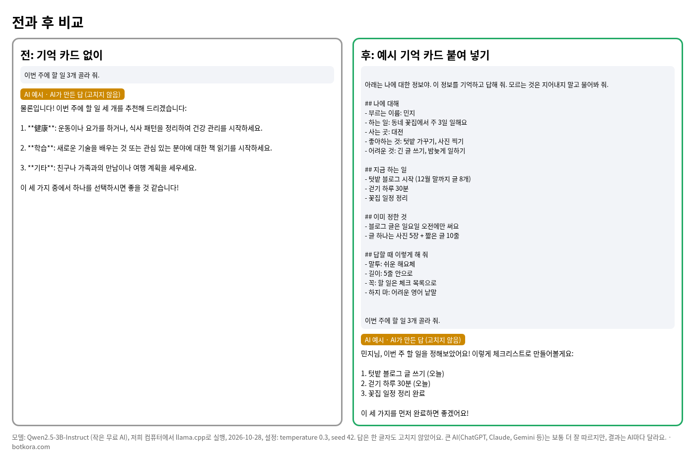 비포 · 애프터 (실제 테스트) — AI가 나를 기억하게 하는 노트 묶음