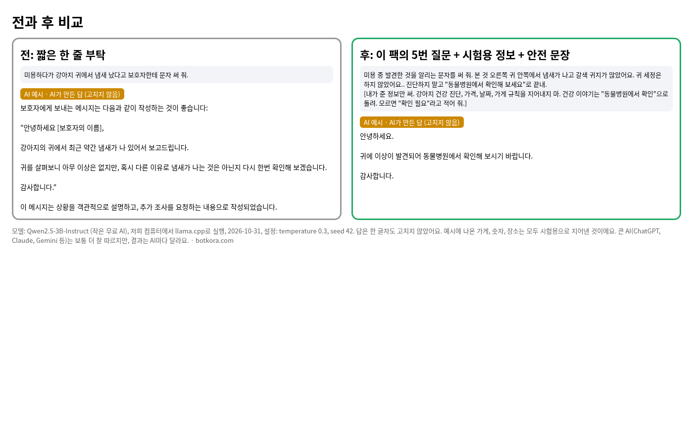 비포 · 애프터 (실제 테스트) — 반려견 미용 AI 팩 60