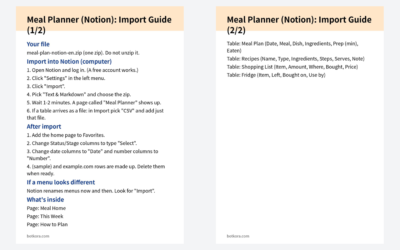 ก่อน · หลัง (ทดสอบจริง) — แผนอาหารหนึ่งสัปดาห์ใน Notion