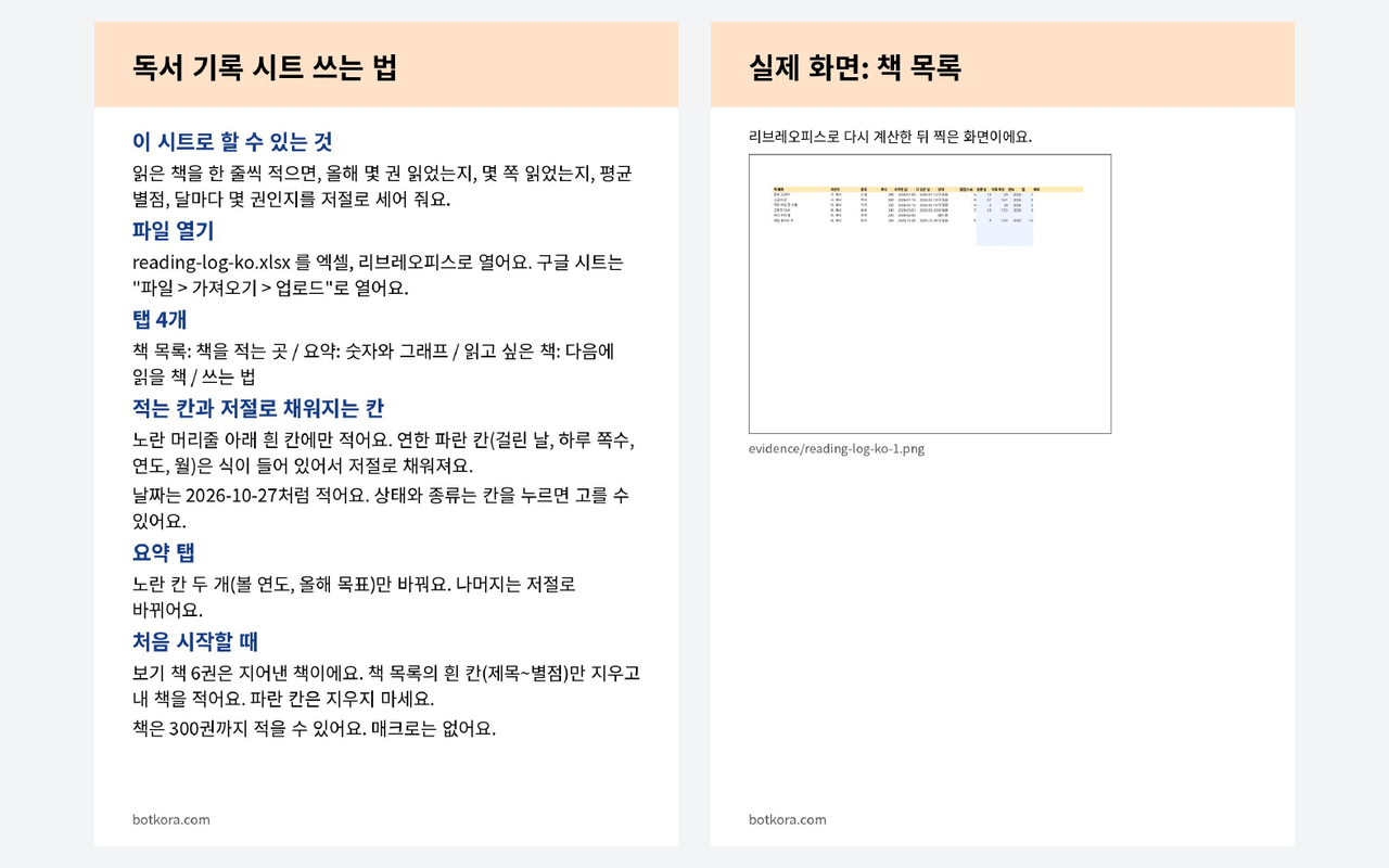 비포 · 애프터 (실제 테스트) — 독서 기록표 엑셀