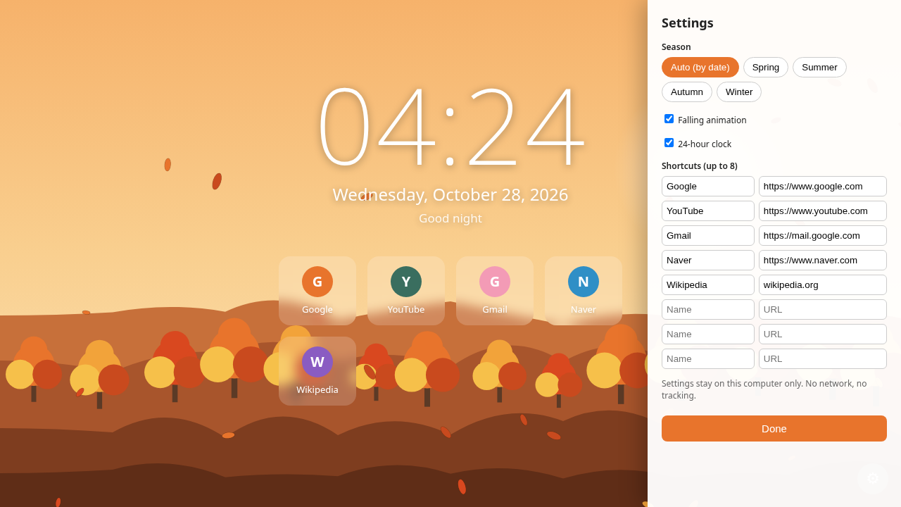 Vorher · Nachher (echter Test) — Seasonal New Tab: Autumn, Winter, Spring & Summer Chrome Extension