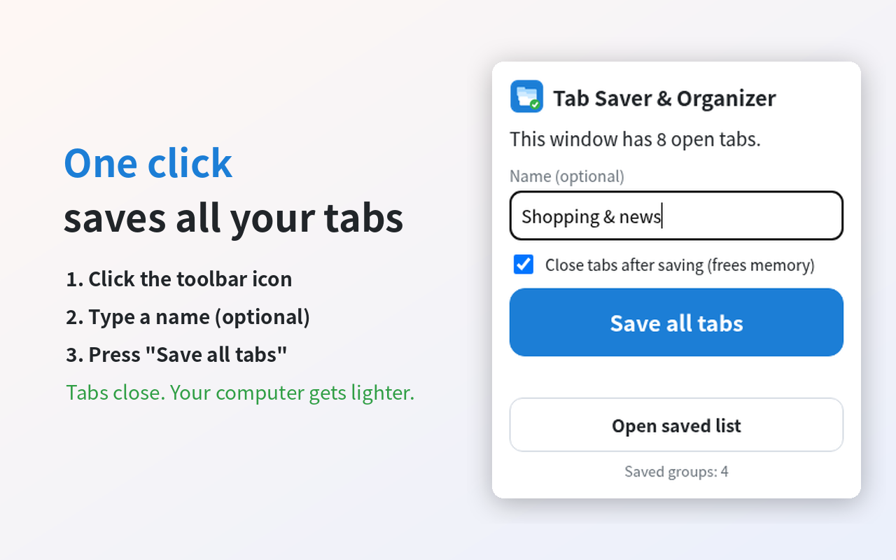 Sebelum · Sesudah (uji nyata) — Tab Saver & Organizer — Simpan semua tab Chrome sekali klik, buka lagi nanti