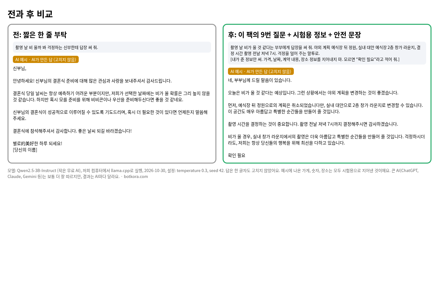 비포 · 애프터 (실제 테스트) — 웨딩 사진작가 AI 팩 60